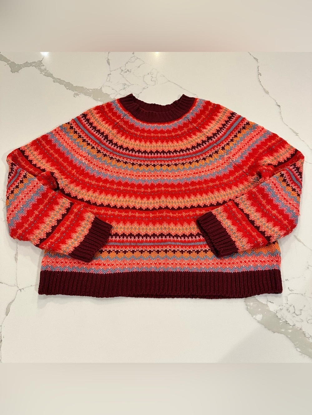American Eagle Fair Isle Festive Feels Sweater M Red Orange Crop Chunky Colorful